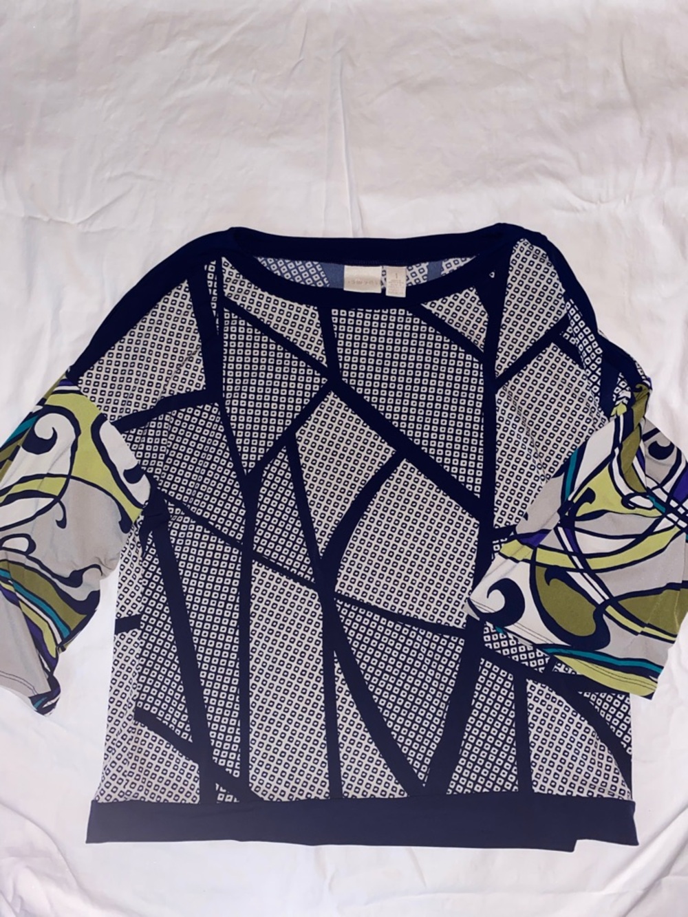 Chico's Navy, White, Olive and Teal Geometric Dolman Tunic